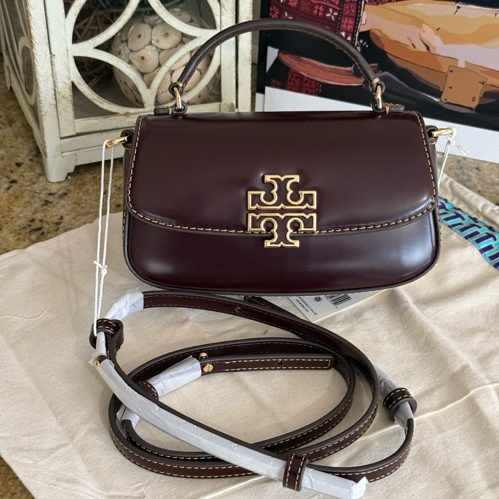 Tory Burch Britten Smooth Mini Top Handle In Tempranillo 153726 NWT - Picture 2 of 7